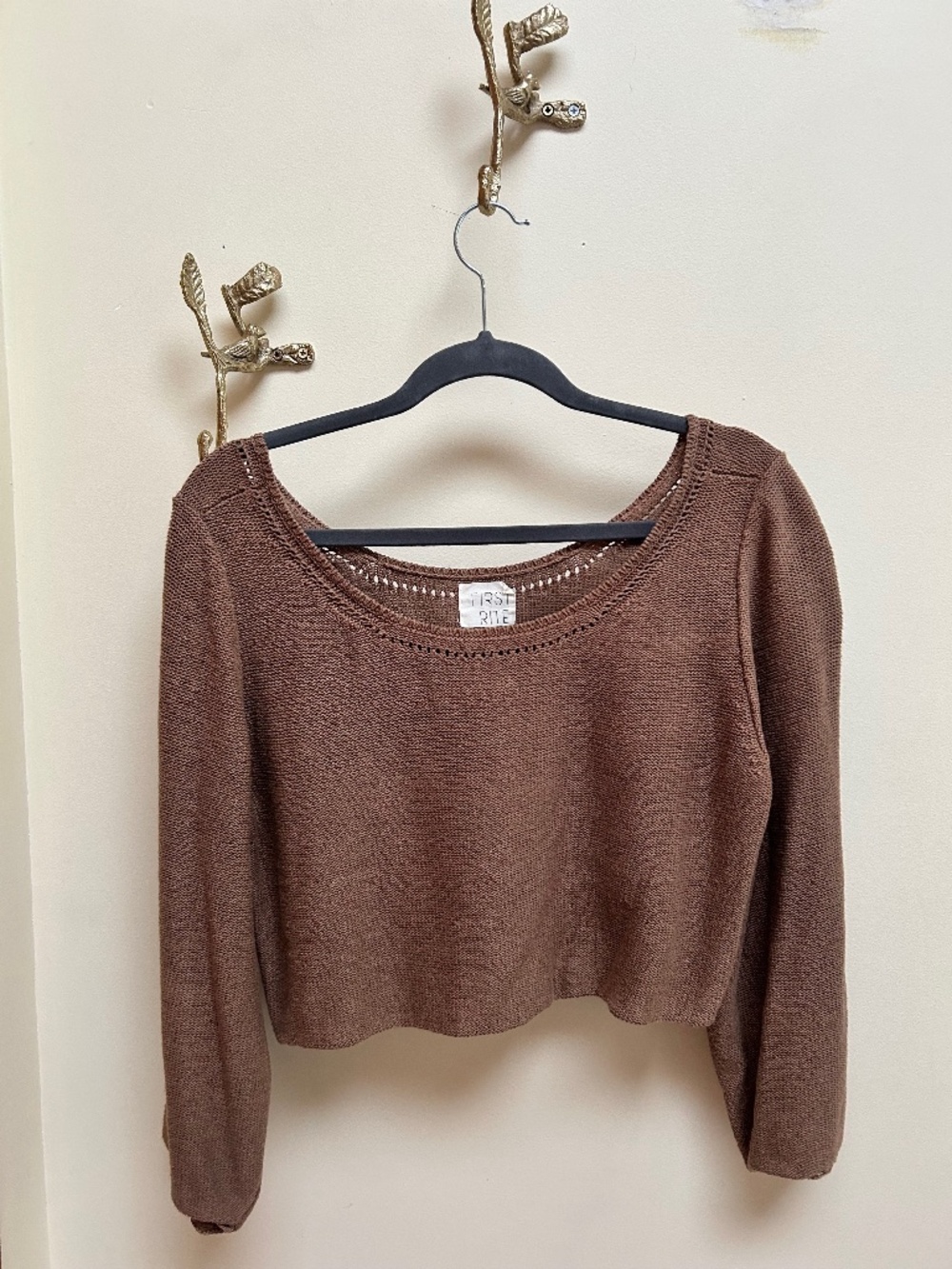 First Rite Cropped Knit Sweater – Brown Scoop Neck Lightweight- Size S/M